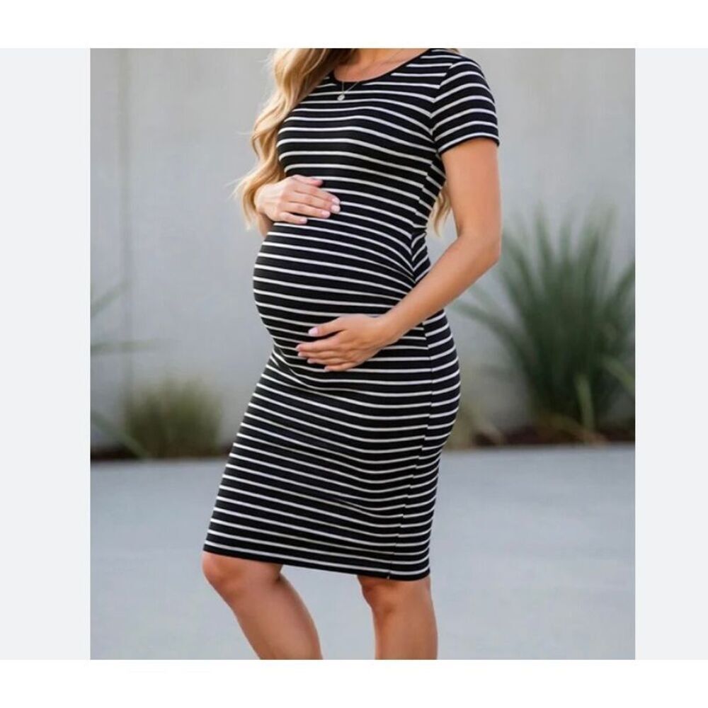 Smallshow women’s short sleeved, striped blue and white maternity dress L